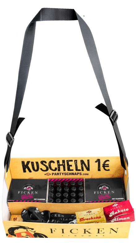FICKEN Bauchladen aus stabilem Karton mit schwarzem Tragegurt, gefüllt mit Mini-Flaschen und Partyartikeln – ideal für Junggesellenabschiede.