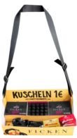 FICKEN Bauchladen aus stabilem Karton mit schwarzem Tragegurt, gefüllt mit Mini-Flaschen und Partyartikeln – ideal für Junggesellenabschiede.