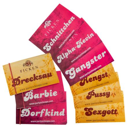 Bunte FICKEN Aufkleber in pink und gelb mit frechen Sprüchen – ideal zum Dekorieren und Verschenken beim JGA.