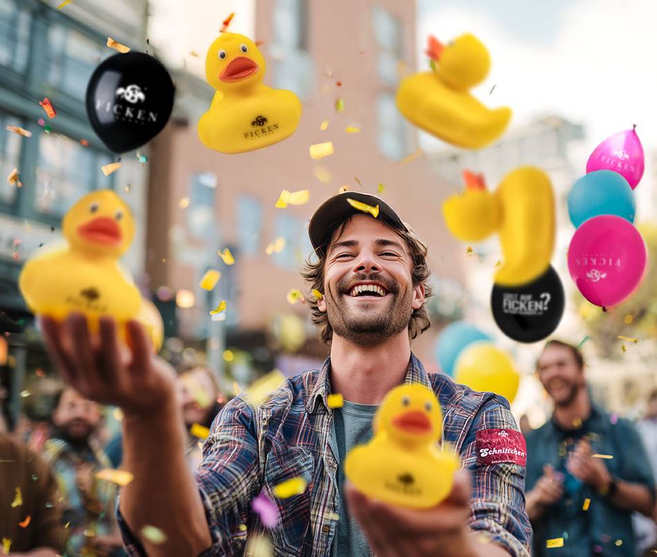 Junger Mann jongliert mehrere gelbe FICKEN Badeenten bei einem Junggesellenabschied, während im Hintergrund Freunde feiern, Konfetti fliegt und bunte Ballons zu sehen sind.