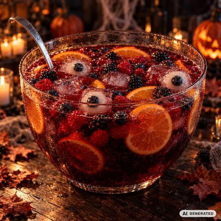 Rote Halloween-Bowle mit Orangenscheiben, Beeren und Litschi-Augen