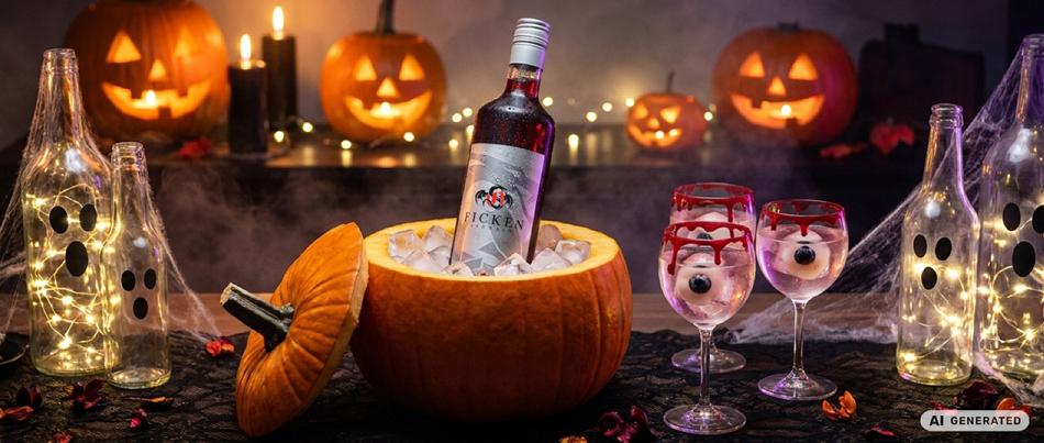 Ausgehöhlter Kürbis als Flaschenkühler neben leuchtenden Flaschengeistern und Halloween-Gläsern