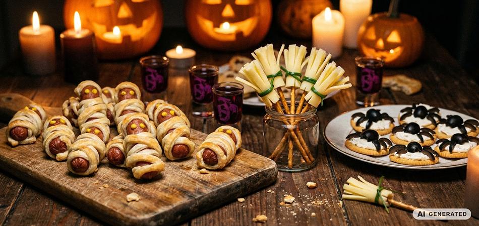Mumienwürstchen, Käsebesen und Spinnencracker auf einem Halloween-Buffet