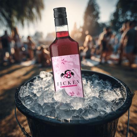 Flasche FICKEN Alkoholfrei im Eiskübel mit Eis, draußen bei Tageslicht, junge Leute feiern im Hintergrund.