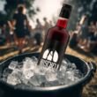 Flasche KUSCHELN Wildbeerenlikör in einem Eiskübel voller Eiswürfel, sommerliche Party im Hintergrund.