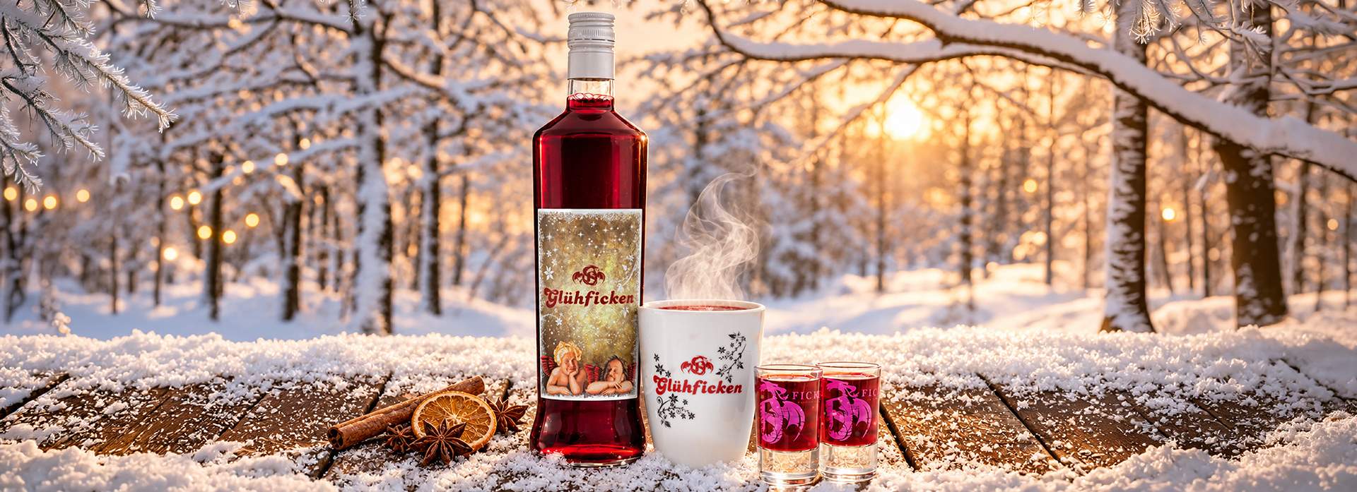 Glühficken-Flasche, dampfende Tasse und zwei Shotgläser mit Orange, Zimt und Sternanis auf einem verschneiten Holztisch vor winterlichem Wald.